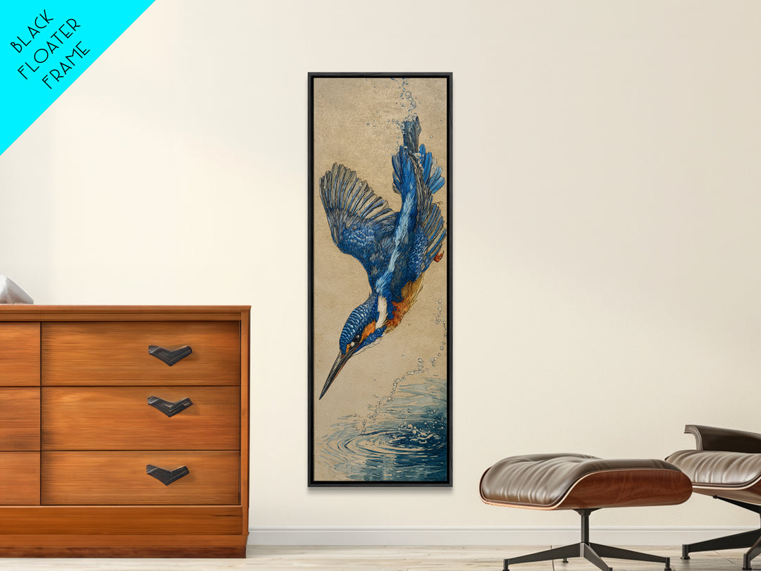 Kingfisher Diving Toward Blue Water Canvas Print, Bird Art, Digital Prints, Living Room Decor, Fine Art, Flight, Modern Art, BIR-1x3-23