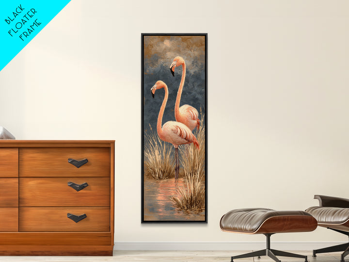 Flamingo Pair in Coral Water Reflections Framed Canvas Print, Bird Art, Rustic Home Decor, Living Room Decor, Fine Art, Flight, BIR-1x3-46