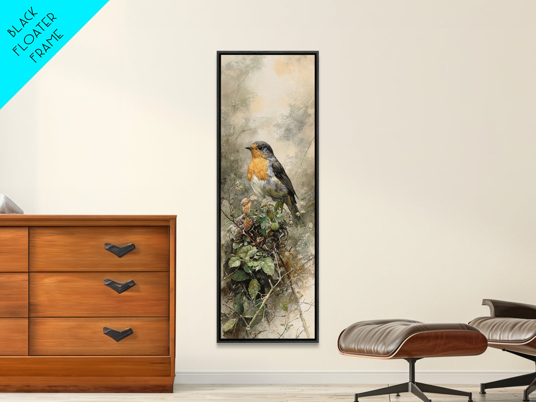 Robin in a Spring Garden with Soft Canvas Print, Bird Art, Living Room Decor, Fine Art, Flight, Rustic Home Decor, Floral Art, BIR-1x3-51