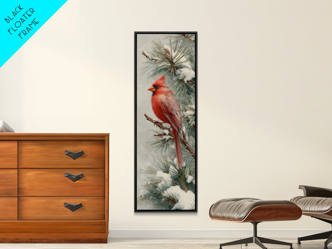 Red Cardinal on Snowy Pine Branch Framed Canvas Print, Bird Art, Textured Painting, Living Room Decor, Watercolor Art, Flight, BIR-1x3-61