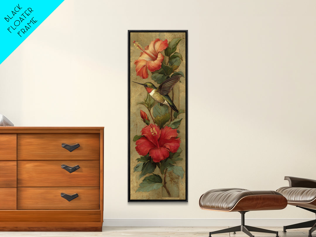 Hummingbird Hovering Beside Bright Hibiscus Framed Canvas Print, Bird Art, Farmhouse Decor, Living Room Decor, Fine Art, Flight, BIR-1x3-64