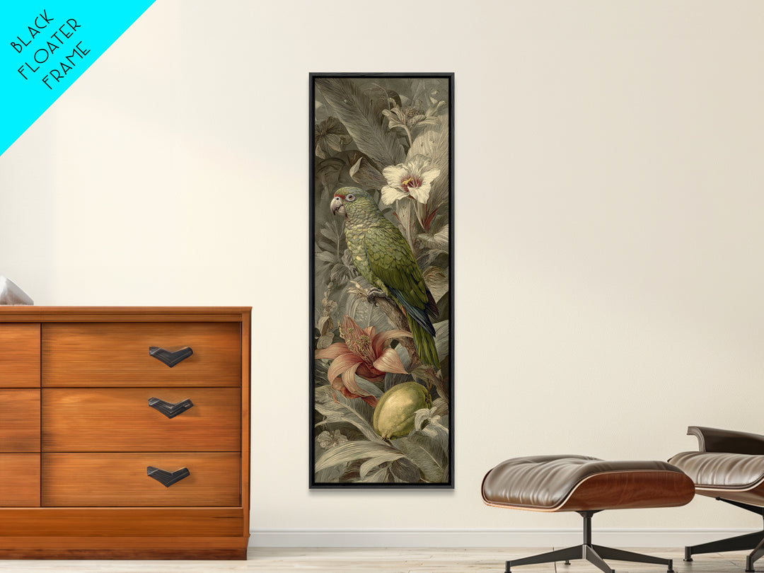 Parrot Among Tropical Leaves and Fruit Canvas Print, Bird Art, Mid Century Modern, Living Room Decor, Fine Art, Flight, BIR-1x3-73