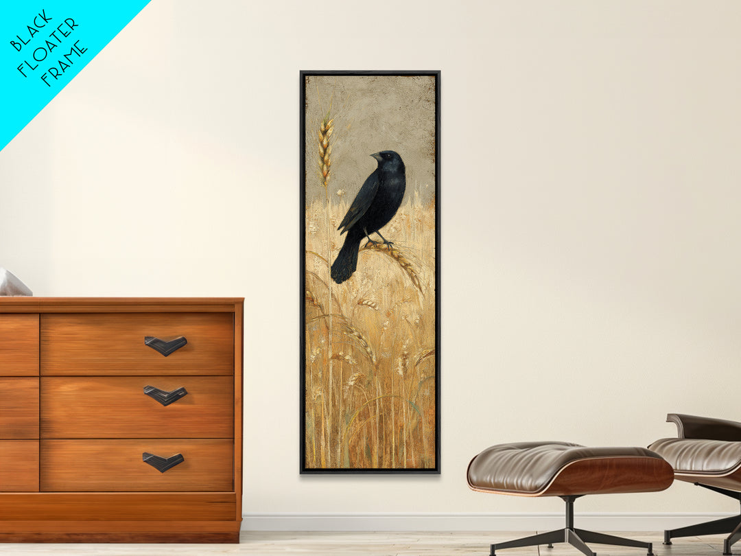 Blackbird on Gold Wheat Field Framed Canvas Print, Bird Art, Printable Art, Living Room Decor, Flight, Mid Century Wall Art, BIR-1x3-84