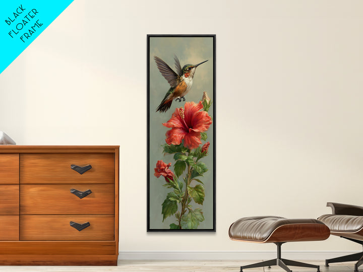 Hummingbird Hovering Beside Bright Hibiscus Canvas Print, Bird Art, Living Room Decor, Fine Art, Flight, Rustic Home Decor, BIR-1x3-88