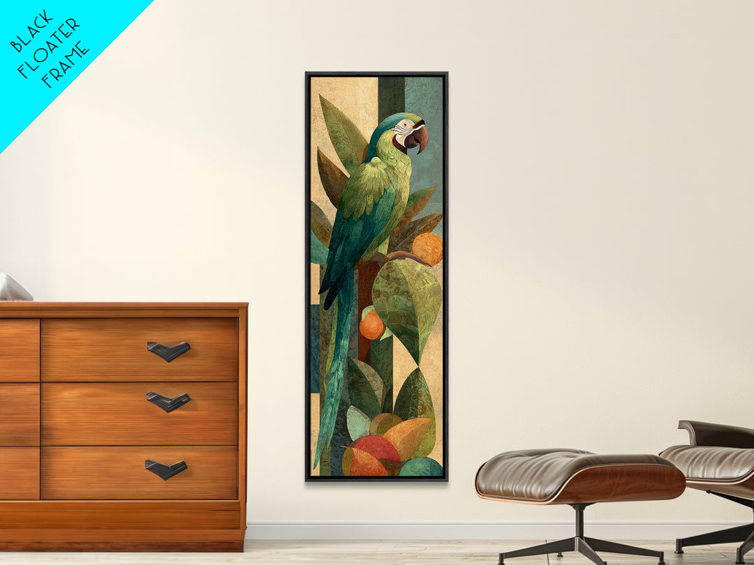 Parrot Among Tropical Leaves and Fruit Canvas Print, Bird Art, Rustic Home Decor, Living Room Decor, Oil Painting, Flight, BIR-1x3-97