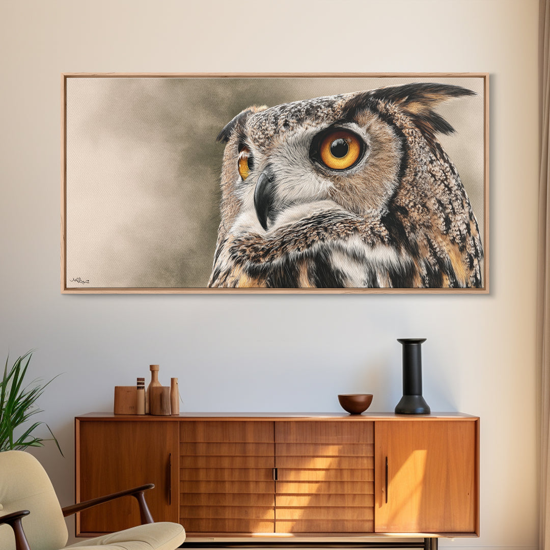 Owl Portrait with Wise Golden Eyes Framed Canvas Print, Bird Art, Home Decor, Living Room Decor, Flight, Modern Wall Art, BIR-2x1-1
