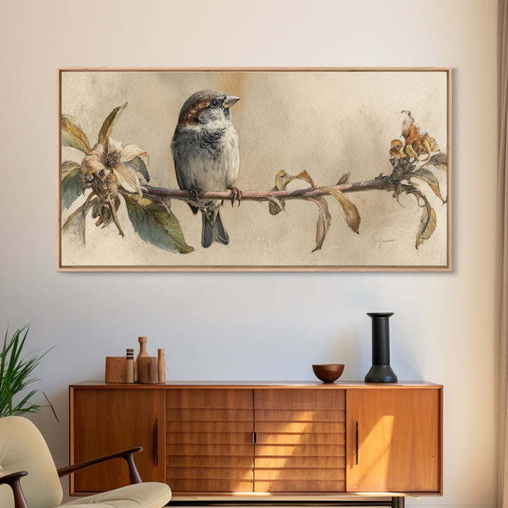 Small Sparrow on Wildflower Stem Framed Canvas Print, Bird Art, Art Print, Living Room Decor, Watercolor Art, Flight, BIR-2x1-10