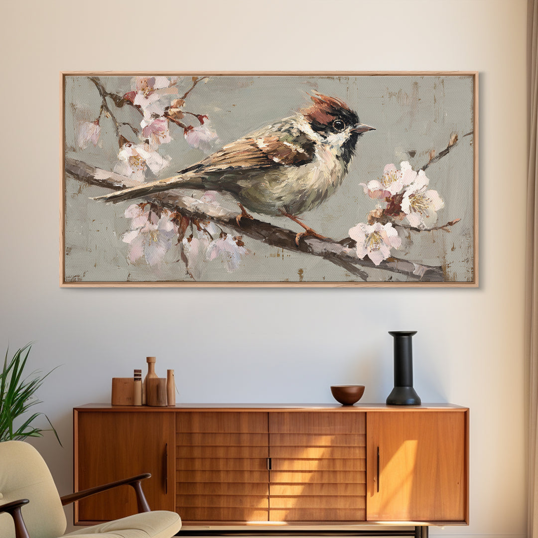 Songbird Perched on Cherry Blossoms Framed Canvas Print, Bird Art, Mid Century Wall Art, Living Room Decor, Fine Art, Flight, BIR-2x1-100