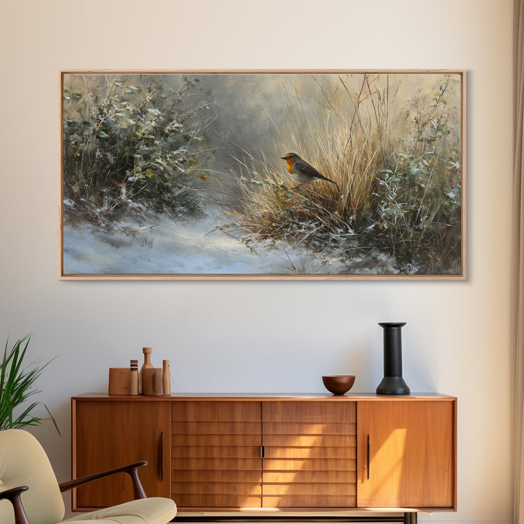 Robin in a Spring Garden with Soft Framed Canvas Print, Bird Art, Gallery Wall, Living Room Decor, Flight, Gallery Decor, BIR-2x1-11