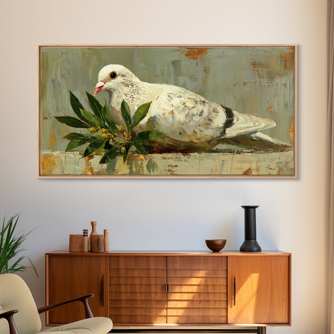 White Dove with Olive Branch and Calm Framed Canvas Print, Bird Art, Art Print, Living Room Decor, Watercolor Art, Flight, BIR-2x1-12