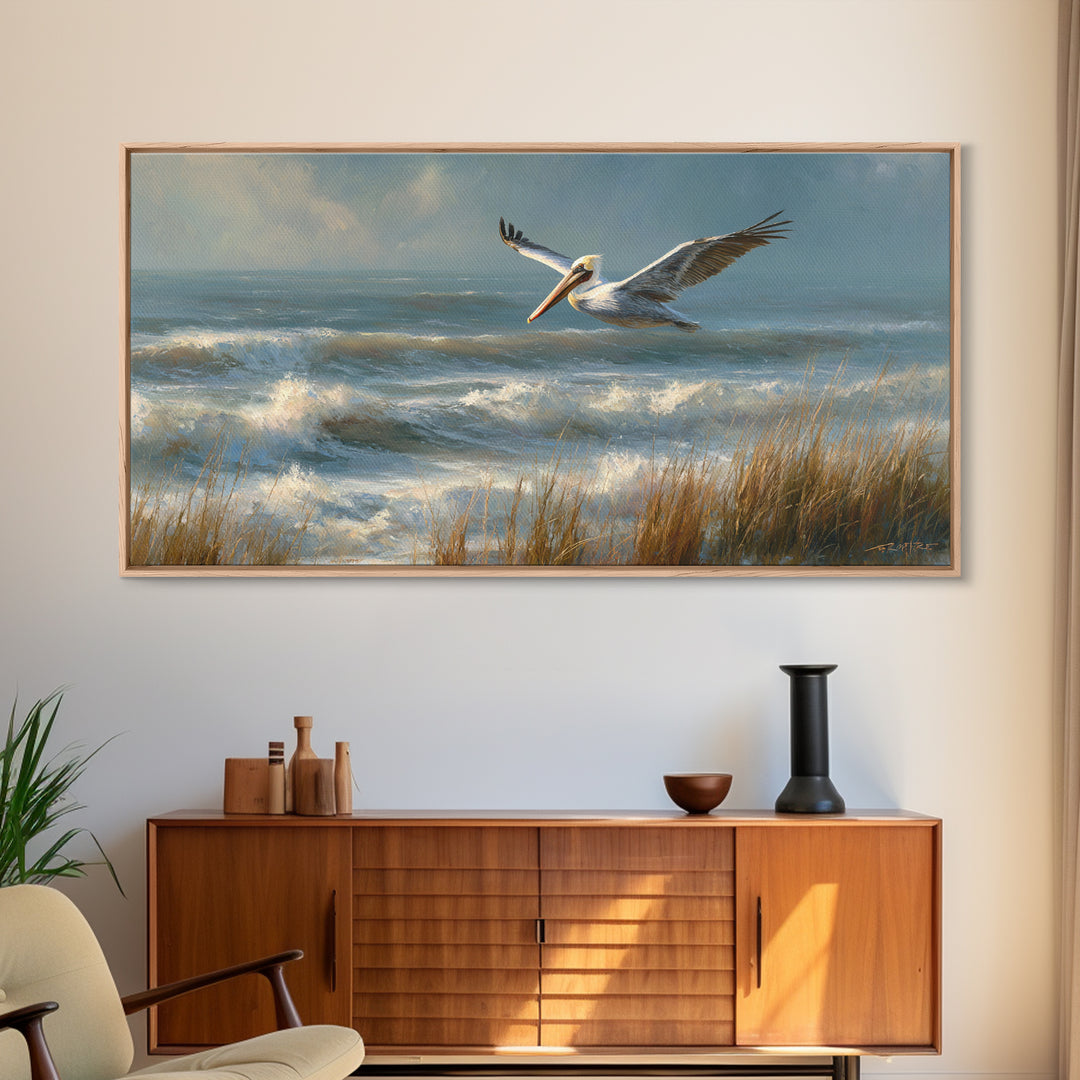 Pelican Flying over Coastal Waves Framed Canvas Print, Bird Art, Fine Art Print, Living Room Decor, Watercolor Art, Flight, BIR-2x1-14