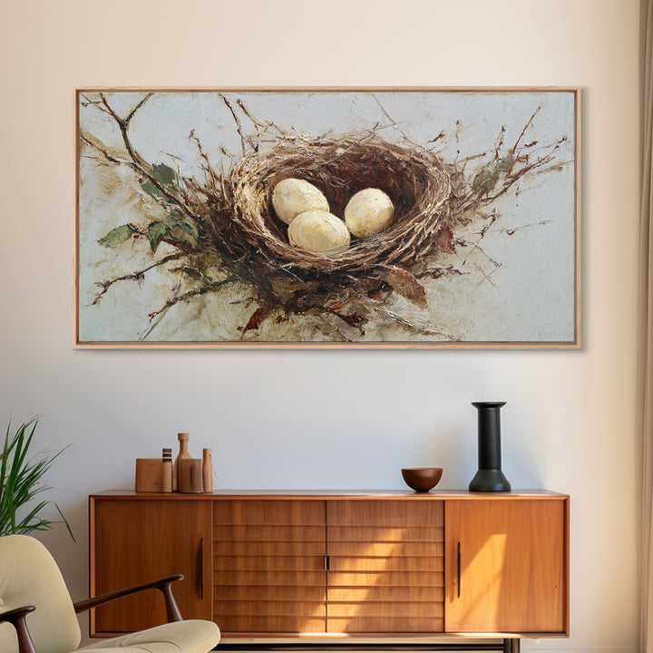 Bird Nest with Eggs and Delicate Twigs Framed Canvas Print, Bird Art, Statement Artwork, Living Room Decor, Fine Art, Flight, BIR-2x1-18