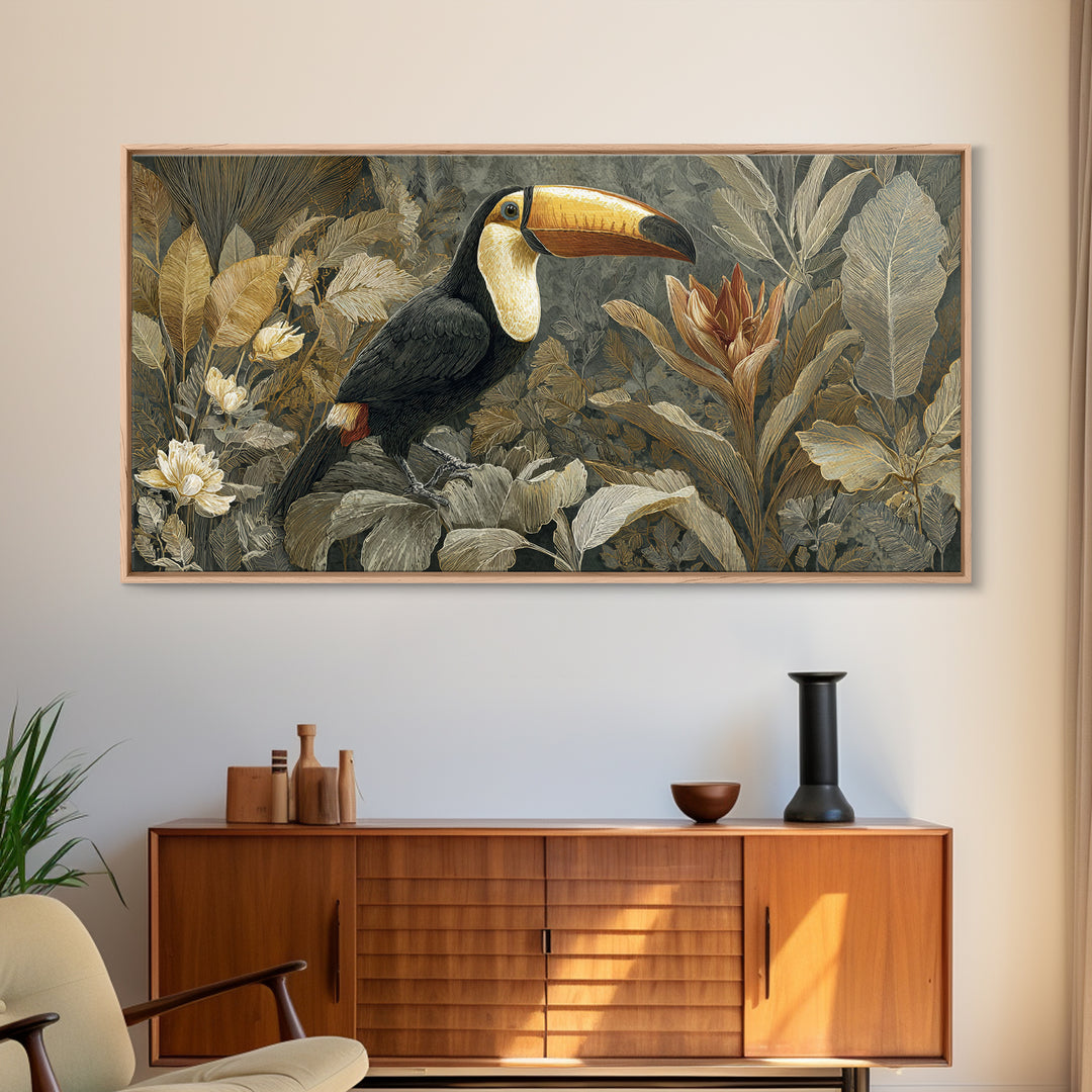 Toucan Framed by Bold Jungle Foliage Framed Canvas Print, Bird Art, Bird Wall Art, Living Room Decor, Fine Art, Flight, BIR-2x1-19