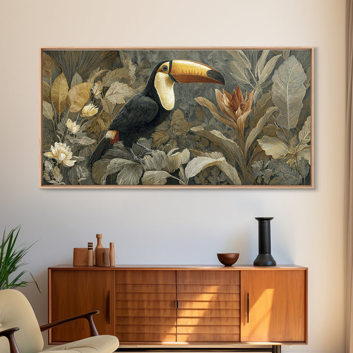 Toucan Framed by Bold Jungle Foliage Framed Canvas Print, Bird Art, Bird Wall Art, Living Room Decor, Fine Art, Flight, BIR-2x1-19