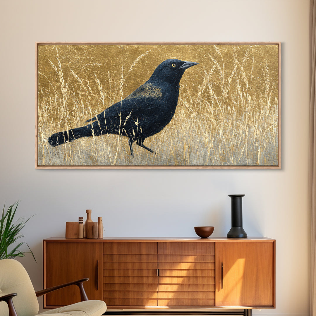 Blackbird on Gold Wheat Field Framed Canvas Print, Bird Art, Statement Artwork, Living Room Decor, Flight, Digital Prints, BIR-2x1-20