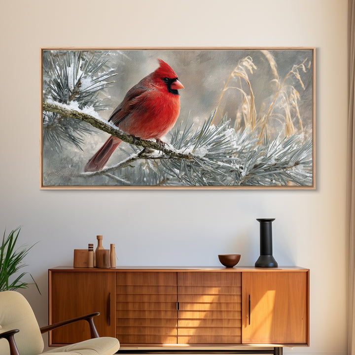 Red Cardinal on Snowy Pine Branch Canvas Print, Bird Art, Wall Art, Living Room Decor, Fine Art, Flight, Japanese Wall Art, BIR-2x1-21