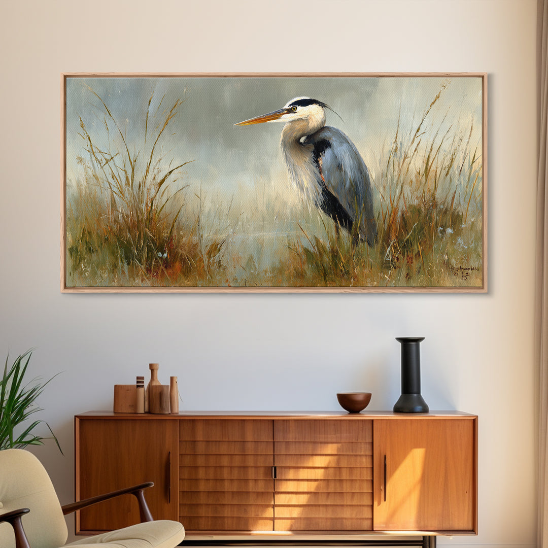 Blue Heron in Misty Marsh Grass Canvas Print, Bird Art, Boho Decor, Living Room Decor, Fine Art, Flight, Printable Wall Art, BIR-2x1-22