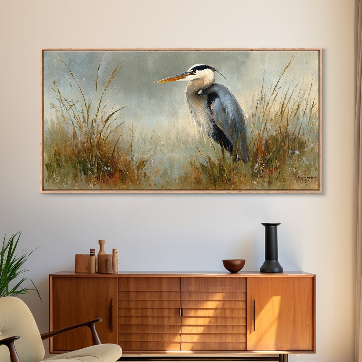 Blue Heron in Misty Marsh Grass Canvas Print, Bird Art, Boho Decor, Living Room Decor, Fine Art, Flight, Printable Wall Art, BIR-2x1-22