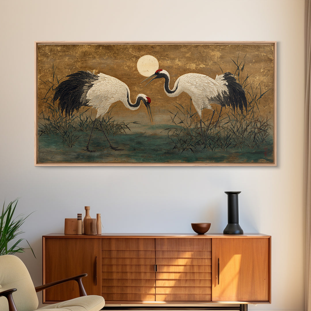 Pair of Cranes Dancing Framed Canvas Print, Bird Art, Art Deco, Living Room Decor, Watercolor Art, Flight, Gallery Wall, BIR-2x1-23