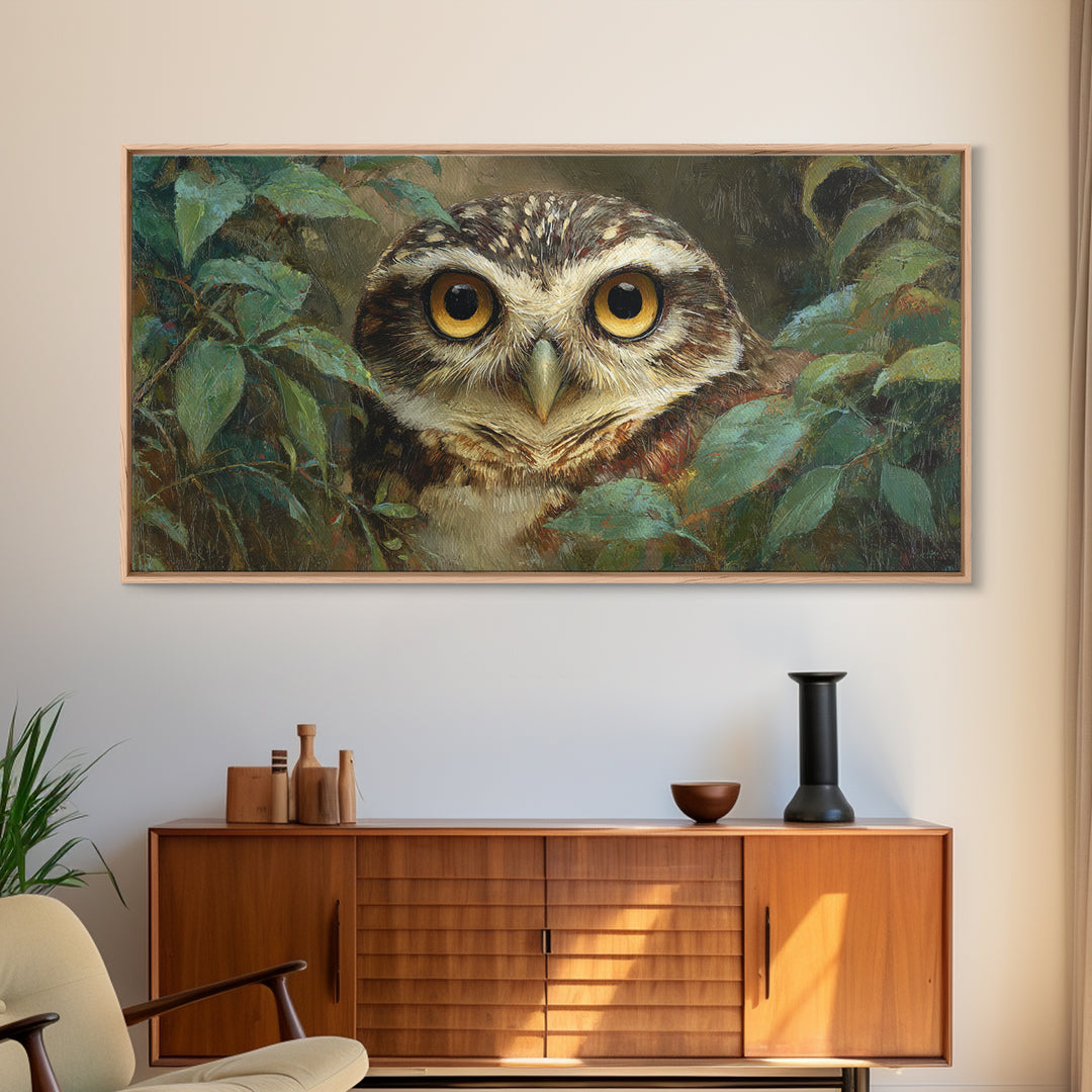 Owl Portrait with Wise Golden Eyes Framed Canvas Print, Bird Art, Home Decor, Living Room Decor, Flight, Modern Wall Art, BIR-2x1-25