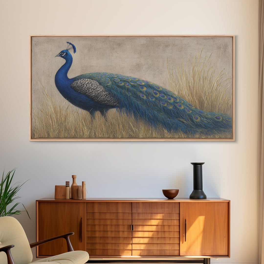 Peacock with Jewel Tone Feather Pattern Framed Canvas Print, Bird Art, Fine Art Print, Living Room Decor, Oil Painting, Flight, BIR-2x1-27