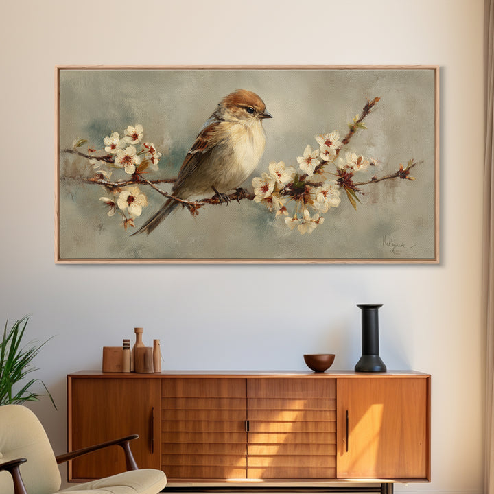 Songbird Perched on Cherry Blossoms Framed Canvas Print, Bird Art, Minimalist Decor, Living Room Decor, Fine Art, Flight, BIR-2x1-28