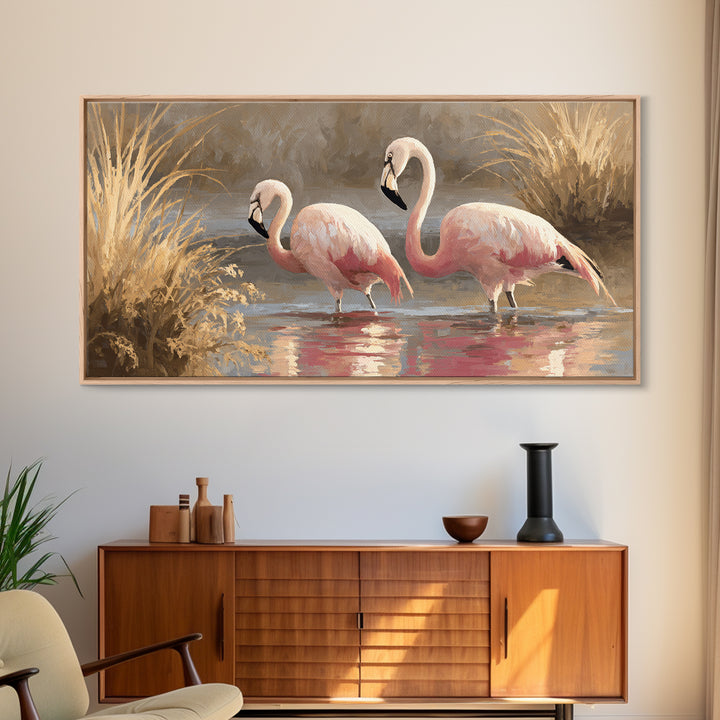 Flamingo Pair in Coral Water Reflections Framed Canvas Print, Bird Art, Luxury Decor, Living Room Decor, Fine Art, Flight, BIR-2x1-30