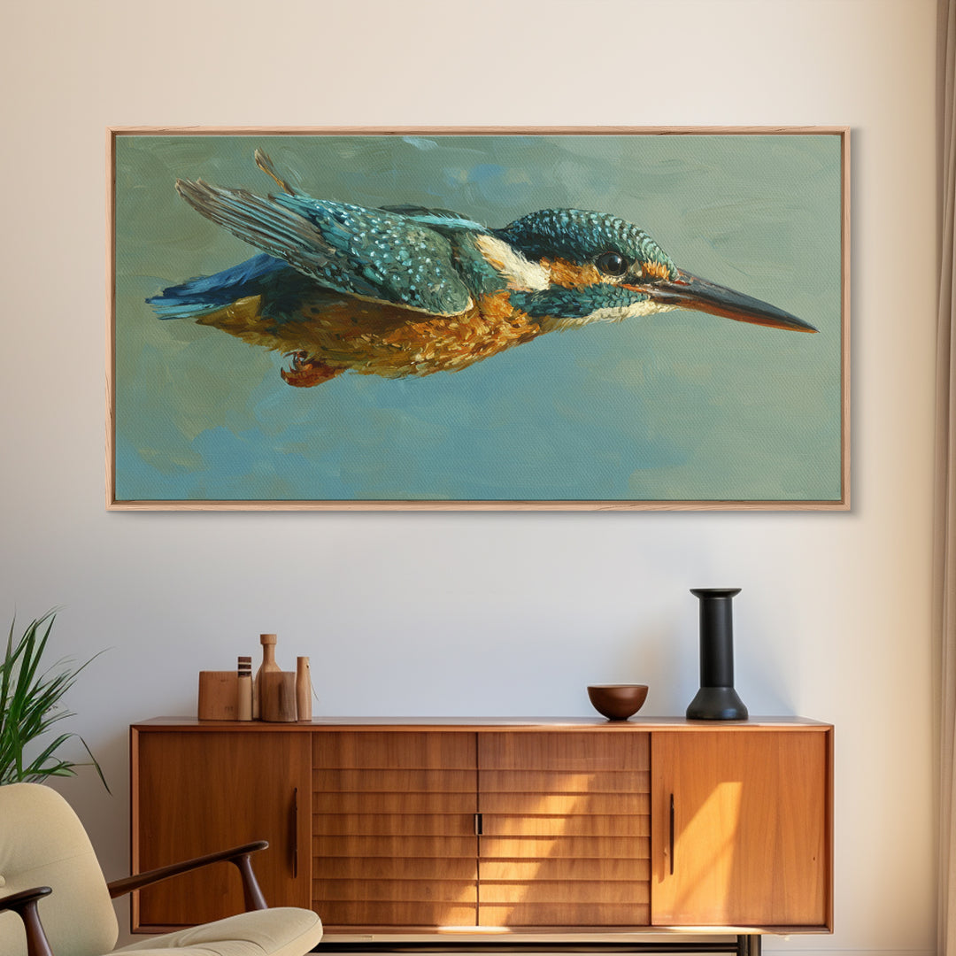 Kingfisher Diving Toward Blue Water Canvas Print, Bird Art, Digital Print, Living Room Decor, Fine Art, Flight, Bird Prints, BIR-2x1-31