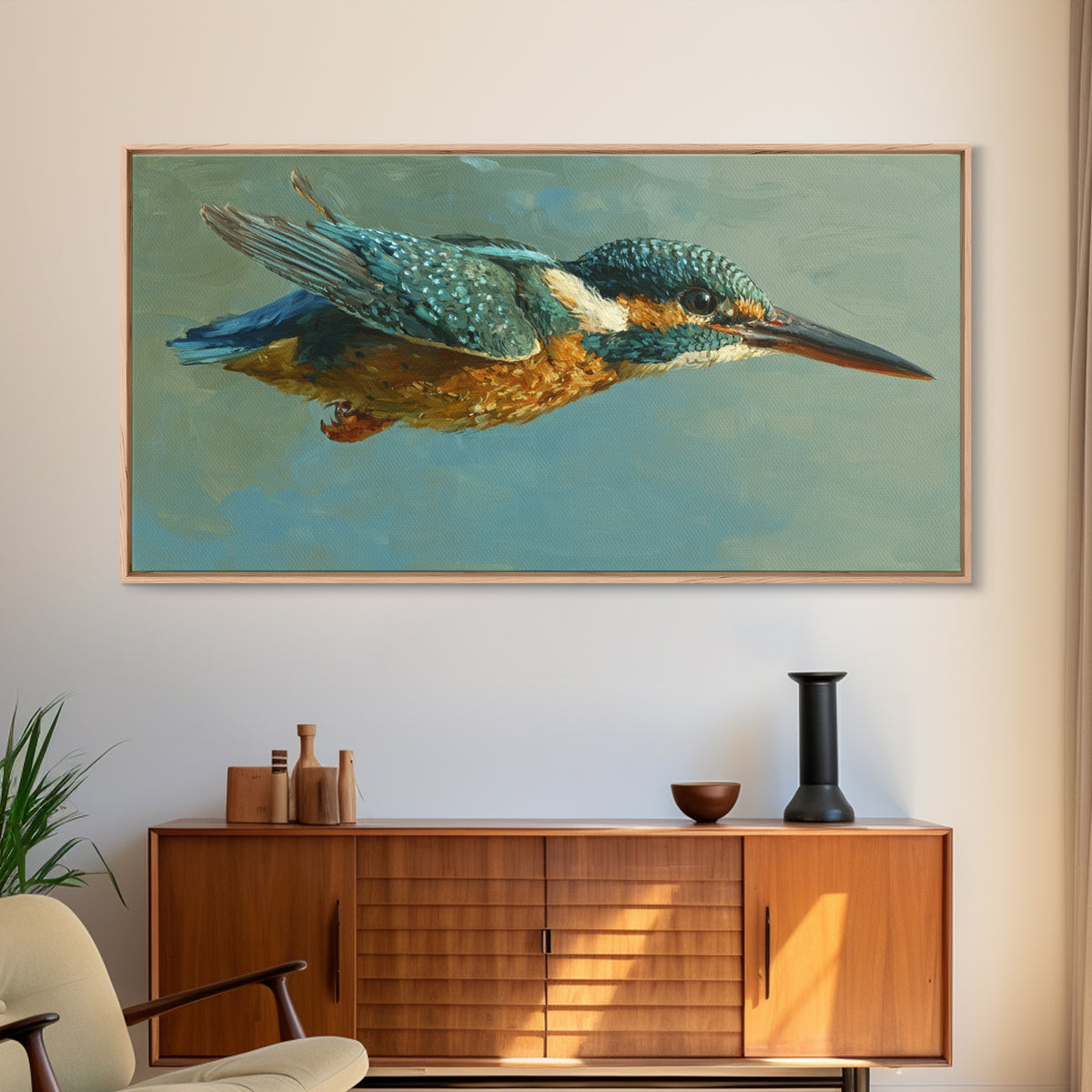 Kingfisher Diving Toward Blue Water Canvas Print, Bird Art, Digital Print, Living Room Decor, Fine Art, Flight, Bird Prints, BIR-2x1-31