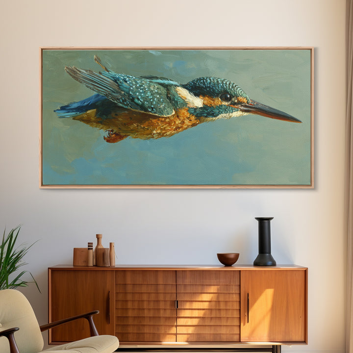 Kingfisher Diving Toward Blue Water Canvas Print, Bird Art, Digital Print, Living Room Decor, Fine Art, Flight, Bird Prints, BIR-2x1-31