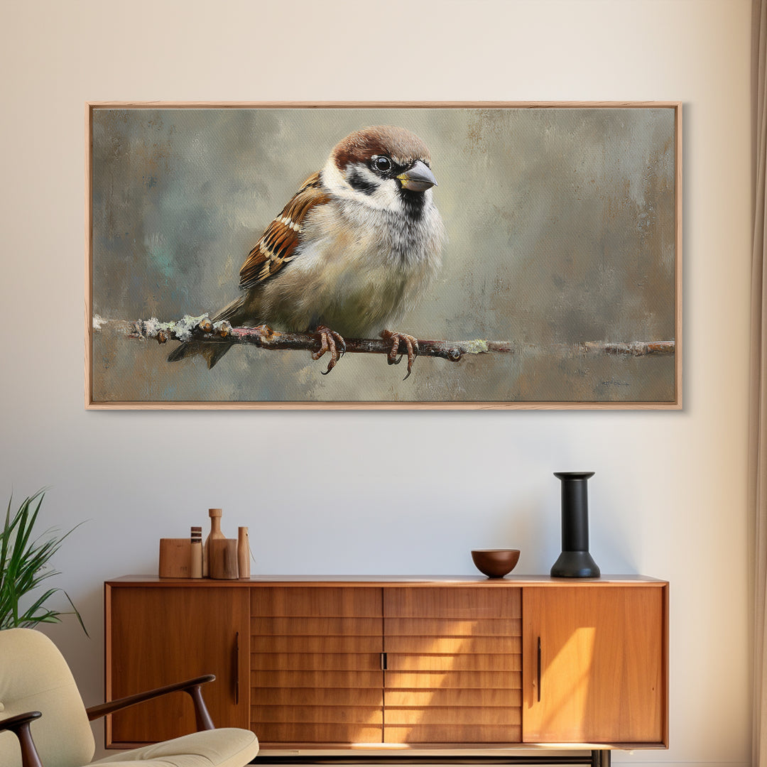 Small Sparrow on Wildflower Stem Framed Canvas Print, Bird Art, Art Print, Living Room Decor, Watercolor Art, Flight, BIR-2x1-34