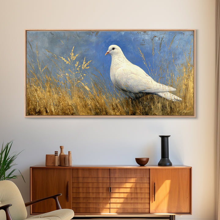 White Dove with Olive Branch and Calm Canvas Print, Bird Art, Wall Art, Living Room Decor, Fine Art, Flight, Japanese Wall Art, BIR-2x1-36
