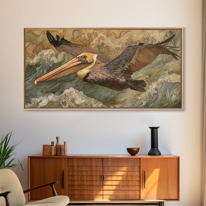 Pelican Flying over Coastal Waves Framed Canvas Print, Bird Art, Fine Art Print, Living Room Decor, Watercolor Art, Flight, BIR-2x1-38
