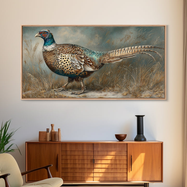 Pheasant with Ornate Feather Details Canvas Print, Bird Art, Printable Wall Art, Living Room Decor, Oil Painting, Flight, BIR-2x1-39