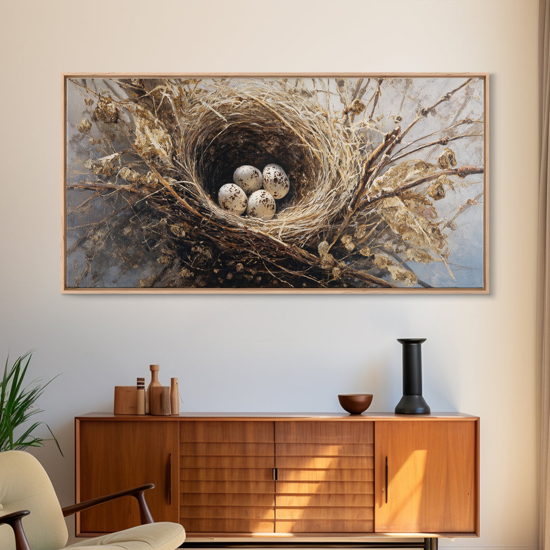 Bird Nest with Eggs and Delicate Twigs Framed Canvas Print, Bird Art, Statement Artwork, Living Room Decor, Fine Art, Flight, BIR-2x1-42