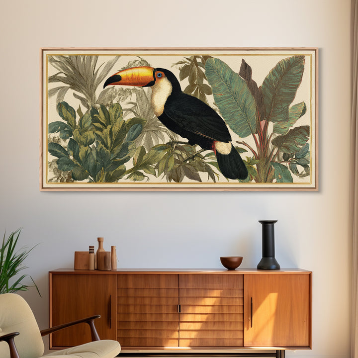 Toucan Framed by Bold Jungle Foliage Framed Canvas Print, Bird Art, Mid Century Modern, Living Room Decor, Fine Art, Flight, BIR-2x1-43