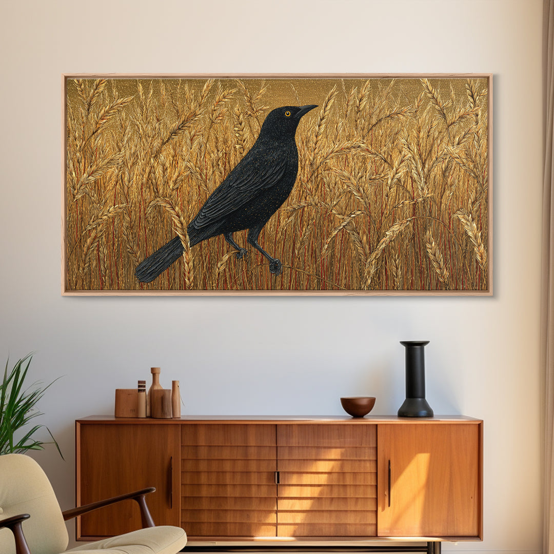Blackbird on Gold Wheat Field Canvas Print, Bird Art, Textured Painting, Living Room Decor, Abstract Art, Flight, Printable Art, BIR-2x1-44