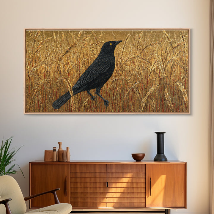 Blackbird on Gold Wheat Field Canvas Print, Bird Art, Textured Painting, Living Room Decor, Abstract Art, Flight, Printable Art, BIR-2x1-44