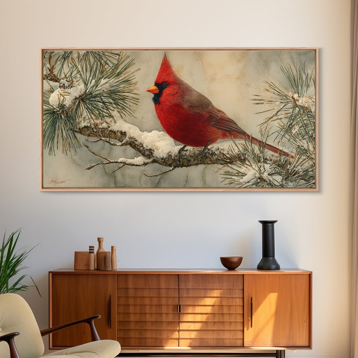 Red Cardinal on Snowy Pine Branch Framed Canvas Print, Bird Art, Art Deco, Living Room Decor, Oil Painting, Flight, BIR-2x1-45