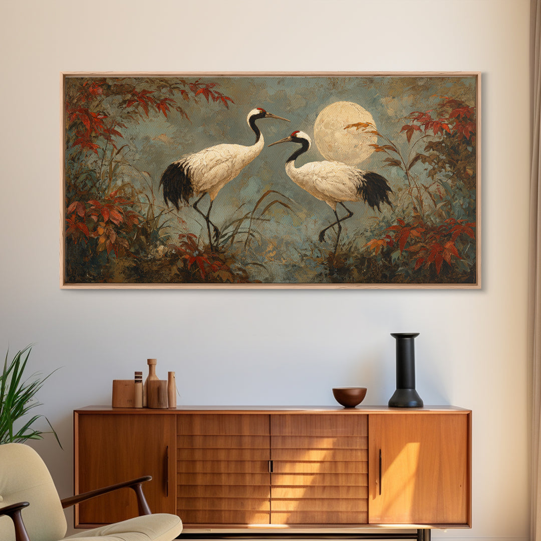 Pair of Cranes Dancing Canvas Print, Bird Art, Watercolor Painting, Living Room Decor, Oil Painting, Flight, Living Room Art, BIR-2x1-47