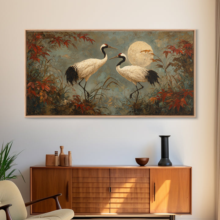 Pair of Cranes Dancing Canvas Print, Bird Art, Watercolor Painting, Living Room Decor, Oil Painting, Flight, Living Room Art, BIR-2x1-47