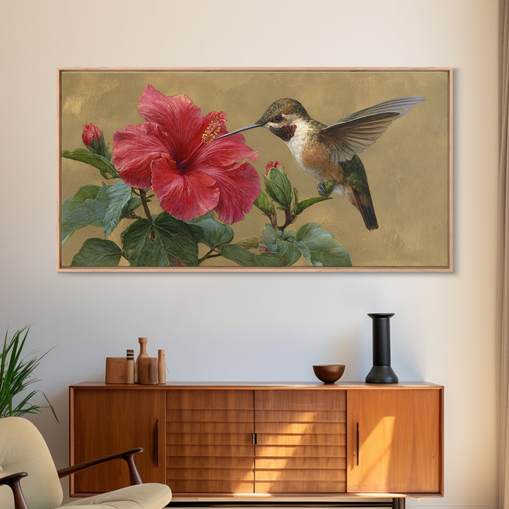 Hummingbird Hovering Beside Bright Hibiscus Canvas Print, Bird Art, Digital Prints, Living Room Decor, Fine Art, Flight, BIR-2x1-48