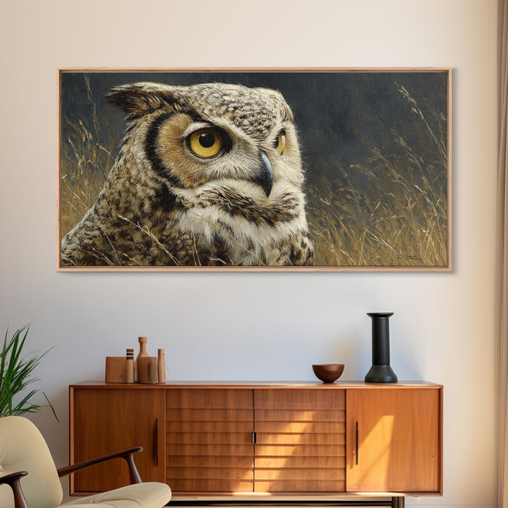Owl Portrait with Wise Golden Eyes Canvas Print, Bird Art, Original Art, Living Room Decor, Fine Art, Flight, Mcm Decor, BIR-2x1-49