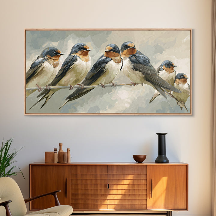 Flock of Swallows Sweeping Across Open Sky Framed Canvas Print, Bird Art, Minimalist Decor, Living Room Decor, Fine Art, Flight, BIR-2x1-50