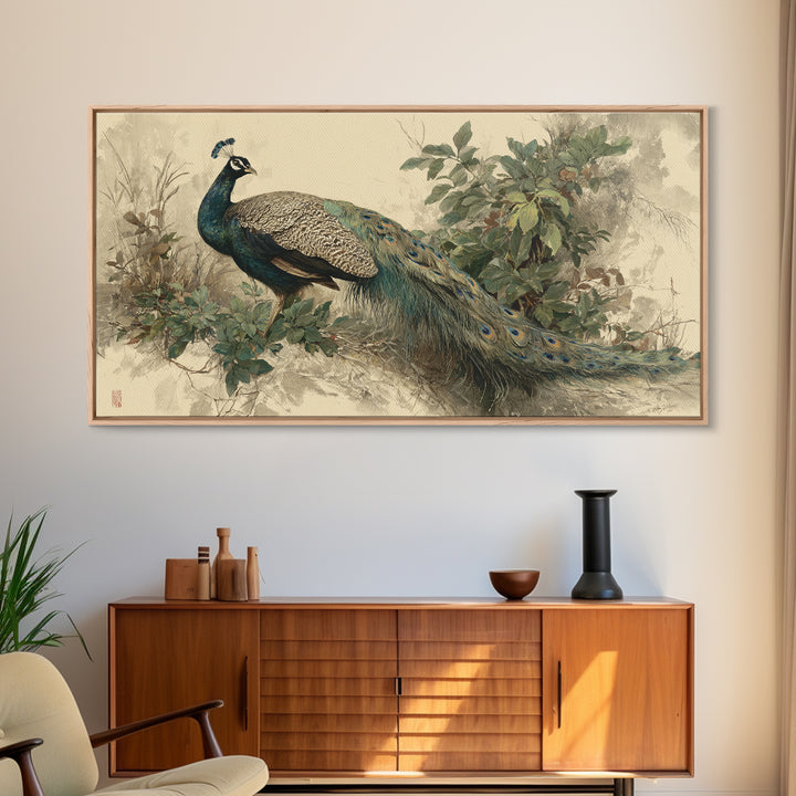 Peacock with Jewel Tone Feather Pattern Framed Canvas Print, Bird Art, Japanese Wall Art, Living Room Decor, Watercolor Art, BIR-2x1-51