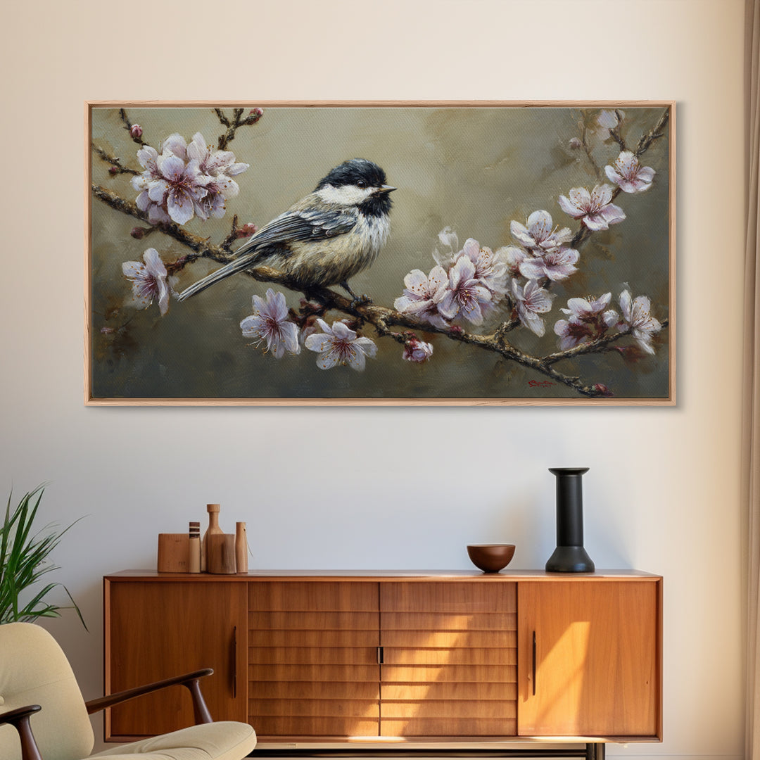 Songbird Perched on Cherry Blossoms Canvas Print, Bird Art, Printable Wall Art, Living Room Decor, Fine Art, Flight, Modern Art, BIR-2x1-52