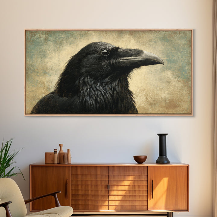 Raven Silhouette with Gothic Atmosphere Canvas Print, Bird Art, Digital Print, Living Room Decor, Oil Painting, Flight, BIR-2x1-53