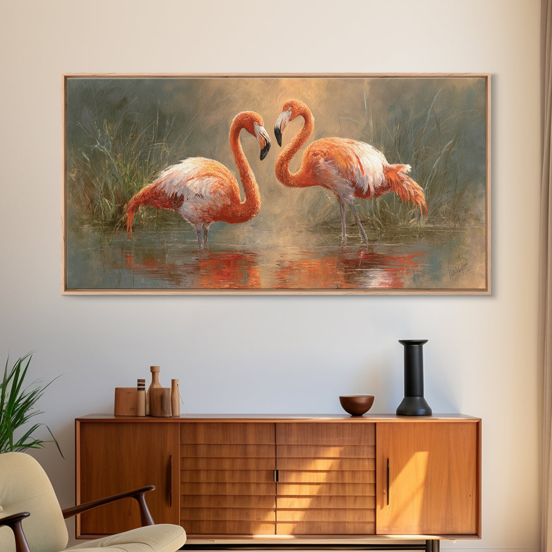 Flamingo Pair in Coral Water Reflections Canvas Print, Bird Art, Contemporary Art, Living Room Decor, Fine Art, Flight, BIR-2x1-54