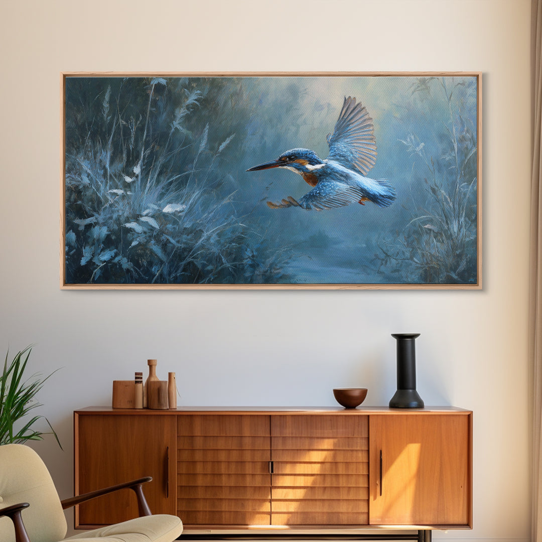 Kingfisher Diving Toward Blue Water Framed Canvas Print, Bird Art, Modern Wall Art, Living Room Decor, Fine Art, Flight, BIR-2x1-55