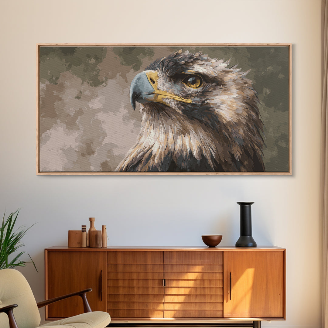 Eagle Portrait with Dramatic Mountain Wind Framed Canvas Print, Bird Art, Mid Century Modern, Living Room Decor, Flight, BIR-2x1-56